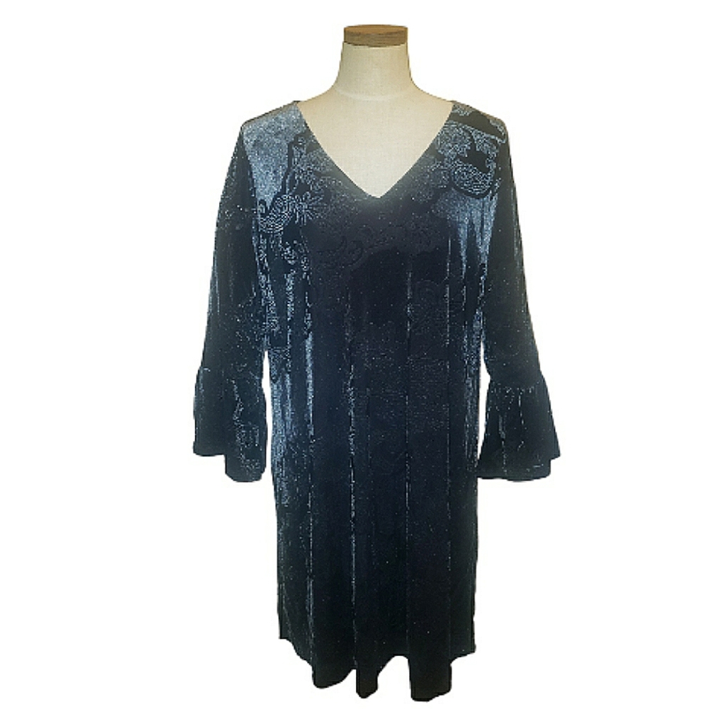 Gilli Sazan Black Floral Velvet Colorshift Sparkles Flare Sleeves Dress 1X NWT